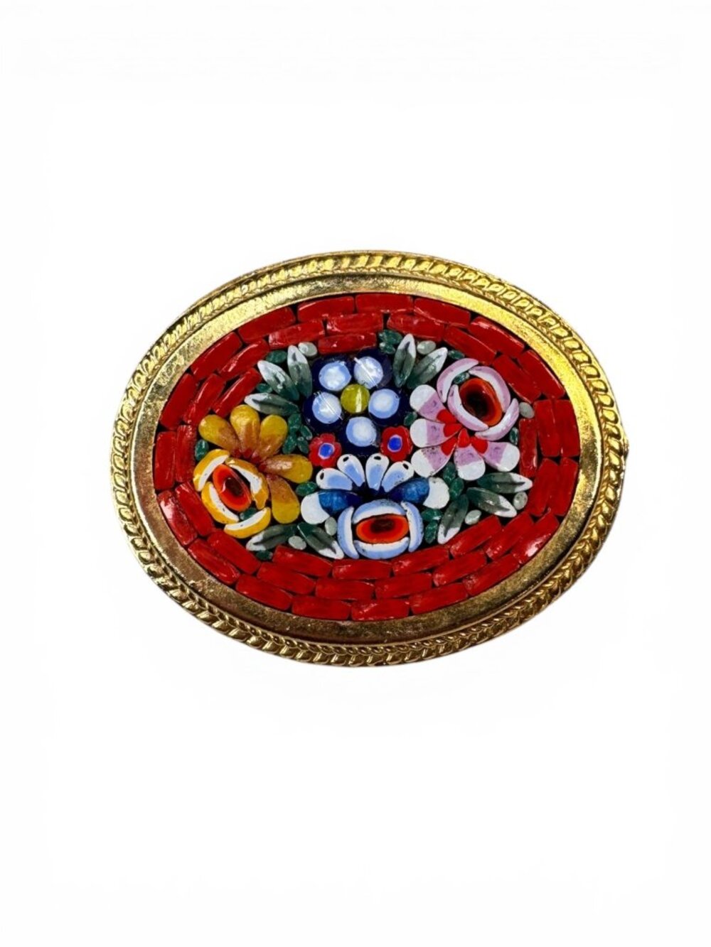 Floral Mosaic Oval Brooch Glass Tile Inlay Gold Tone 1960s Vintage